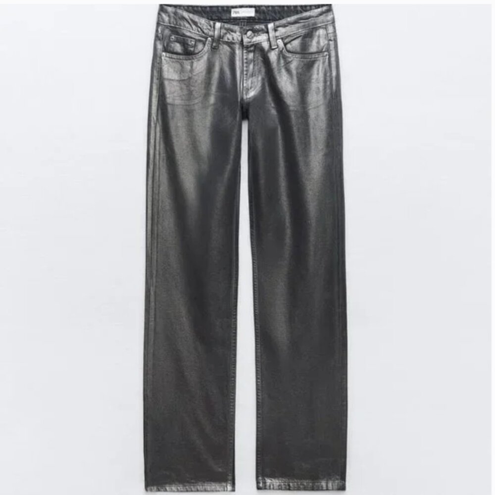 NWT ZARA MID WAIST STRAIGHT LEG FOIL JEANS BLACK - Picture 6 of 6